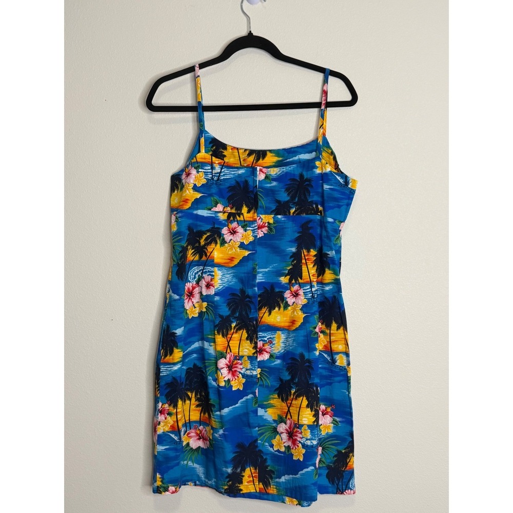 Vintage Pacific Legend Blue Hawaii Tropical Sunset Hibiscus Cotton Sundress XL - Picture 2 of 5